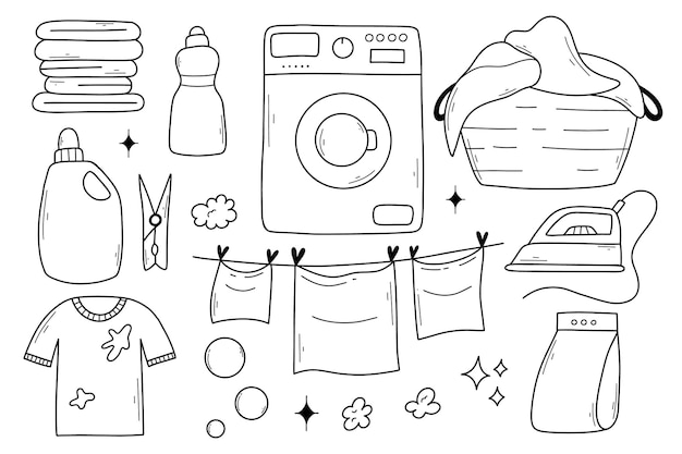 Conjunto de artículos de lavandería en estilo garabato Colección lineal de artículos de lavandería Ilustración vectorial Elementos aislados sobre un fondo blanco