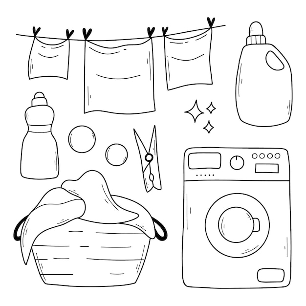 Conjunto de artículos de lavandería en estilo garabato Colección lineal de artículos de lavandería Ilustración vectorial Elementos aislados sobre un fondo blanco