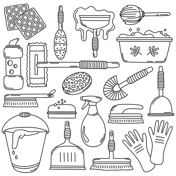 Vector conjunto de artículos de limpieza dibujados a mano aislados sobre un fondo blanco