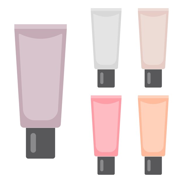 Conjunto de artículos de maquillaje. Cinco tubos cosméticos brillantes. Ilustración vectorial.