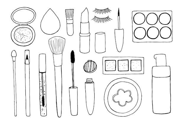 Conjunto de artículos para maquillaje Ilustración de dibujos vectoriales de accesorios de maquillaje Polvo de base de lápiz labial de sombra de ojos Dibujo de contorno en blanco y negro de cosméticos decorativos aislados
