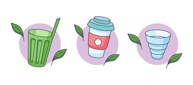 Conjunto de artículos de mesa ecológicos tazas concepto de cero residuos ilustración vectorial en estilo de dibujos animados