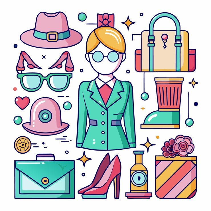 Vector conjunto de artículos de moda para mujeres que incluyen un sombrero gafas chaqueta botas bolso zapatos botella de perfume y una caja de regalo