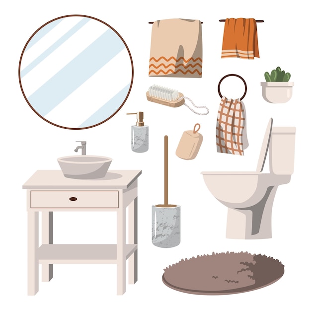 conjunto de artículos modernos para interiores de baño decoración de baño lavabo espejo toallas de inodoro y otra decoración Ilustración vectorial sobre fondo blanco