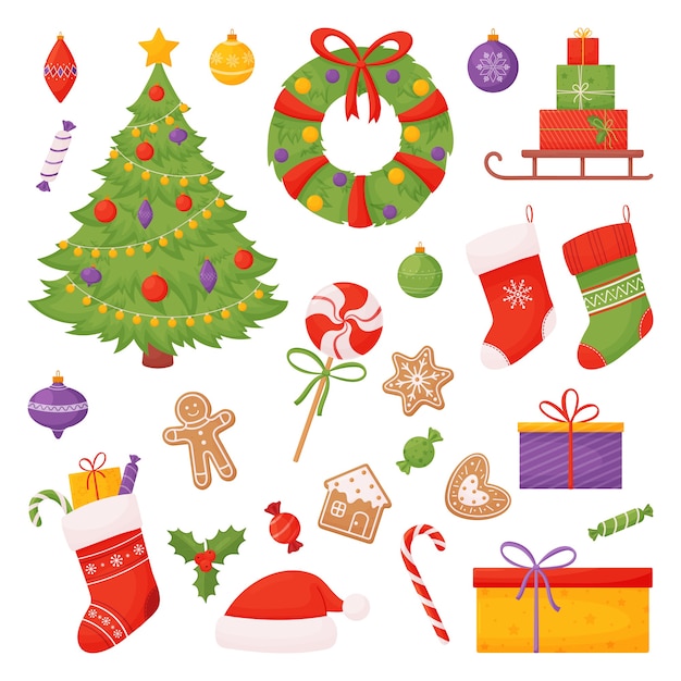 Conjunto de artículos navideños. Árbol de Navidad, calcetines, caramelos, regalos y más.