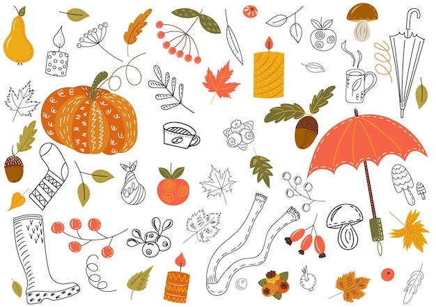 Conjunto de artículos de otoño de doodle en estilo plano aislado