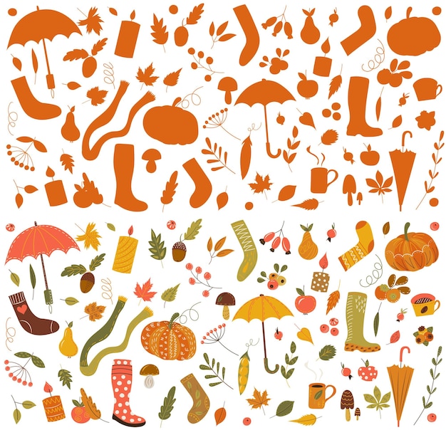 Conjunto de artículos de otoño en estilo doodle iconos de otoño aislados