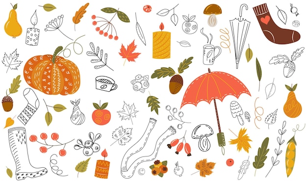 Conjunto de artículos de otoño en estilo doodle iconos de otoño vector aislado