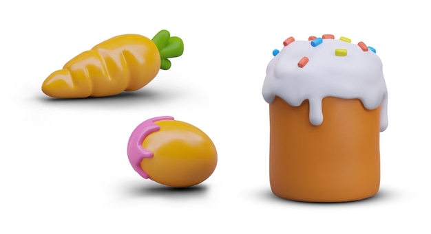 Conjunto de artículos de Pascua realistas aislados pastel de Pascua de zanahoria pintado huevo en estilo plastilina