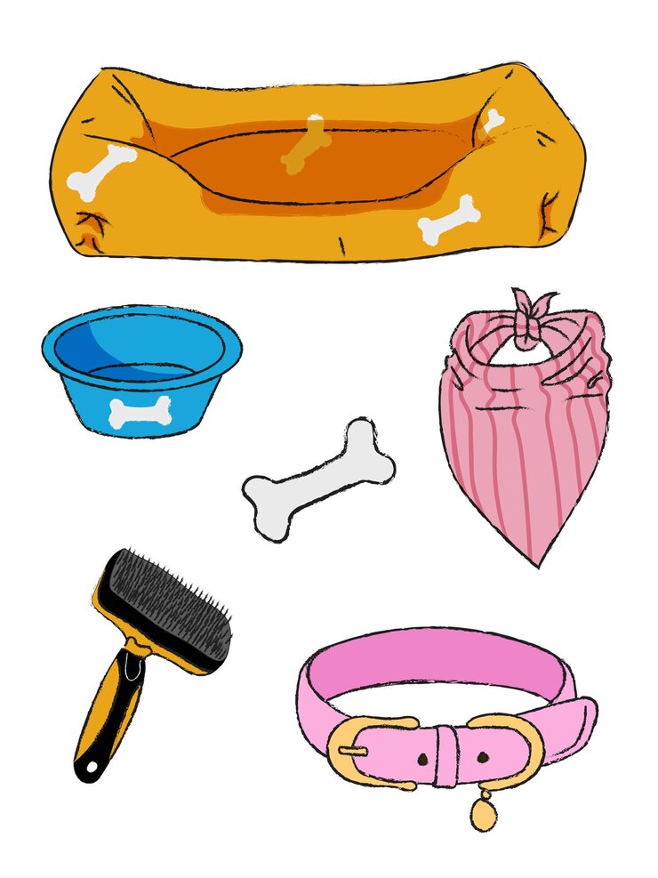 Vector conjunto de artículos para perros artículos para el cuidado de mascotas ilustración vectorial plana