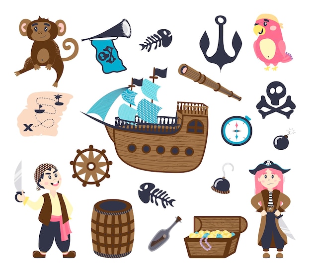 Un conjunto de artículos piratas un barco una niña pirata y un niño un loro con un pañuelo un mono