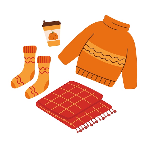 Conjunto de artículos de punto ilustración vectorial de suéter calcetines manta y bebida caliente otoño acogedor
