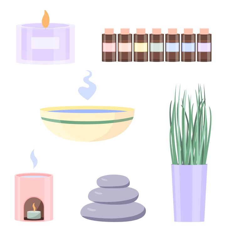 Vector un conjunto de artículos para spa y aromaterapia.