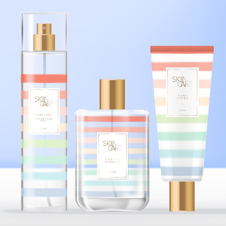 Conjunto de artículos de tocador, belleza o fragancia de verano con botella de perfume, botella de spray para la niebla corporal o facial y empaque de tubo de crema de manos con diseño de patrón de rayas Rainbow.
