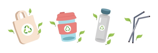 Conjunto de artículos de vajilla ecológicos Concepto de cero residuos ilustración vectorial en estilo de dibujos animados