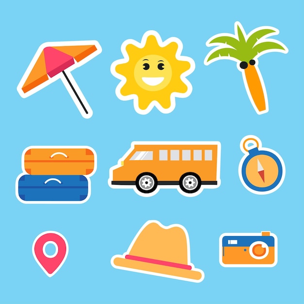 Vector conjunto de artículos para viajar en concepto de vacaciones de verano con dibujo de ilustración de vector plano de estilo de dibujos animados