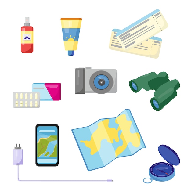 Conjunto de artículos de viaje para recreación Colección de elementos de equipaje para vector de viaje