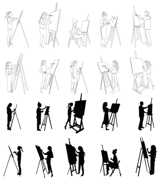 conjunto de artistas vector silueta en fondo blanco