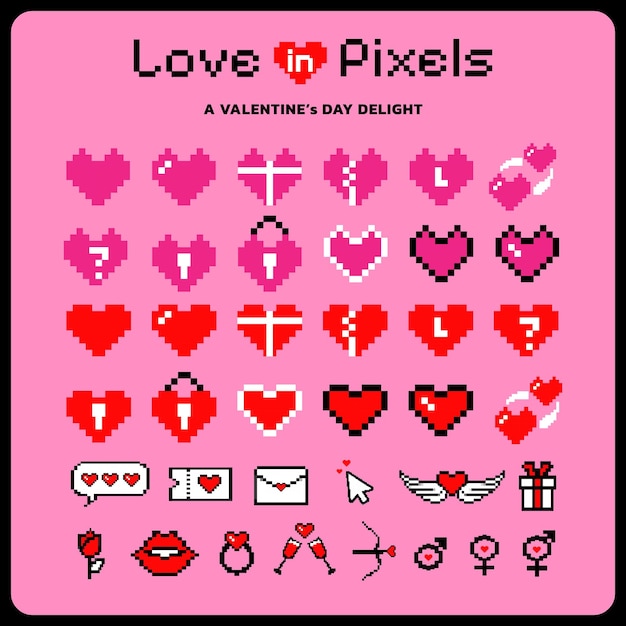 Conjunto artístico de píxeles de iconos del Día de San Valentín como la letra de la flor en forma de corazón de Cupido