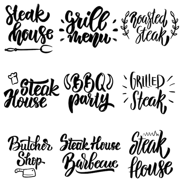 Conjunto de asador, menú a la parrilla, letras de fiesta de barbacoa. Elemento de diseño de cartel, tarjeta, banner, menú.