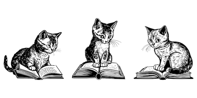 conjunto de un asiento lindo gato leyendo libro vector silueta de contorno negro aislado sobre fondo blanco