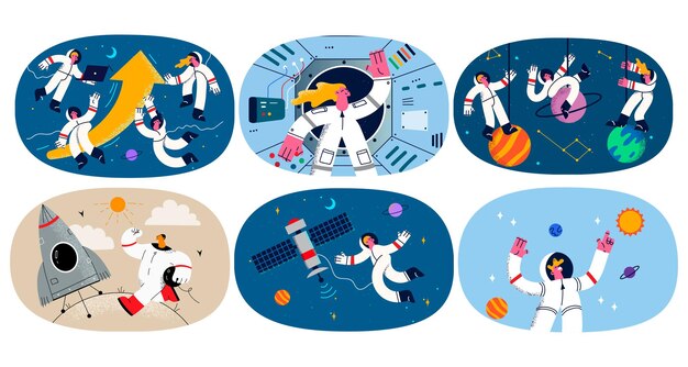 Un conjunto de astronautas disfrazados descubren el espacio abierto en una nave espacial o un satélite. Colección de astronautas que vuelan cerca del cuerpo orbital para explorar el cosmos o el universo. Concepto de ciencia. Ilustración de vector plano.