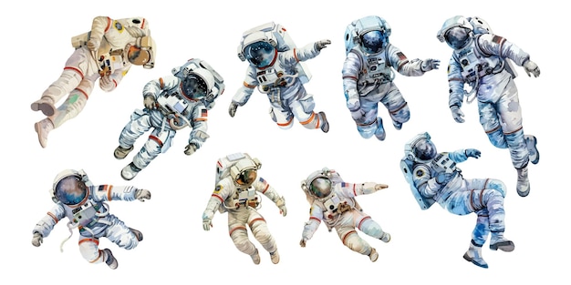 Conjunto de astronautas en varias poses sobre un fondo blanco