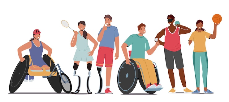 Vector conjunto de atletas paralímpicos deportistas discapacitados y deportistas personajes en silla de ruedas prótesis de pierna biónica brazo amputado hombres o mujeres jóvenes con lesiones corporales personas de dibujos animados vector ilustración