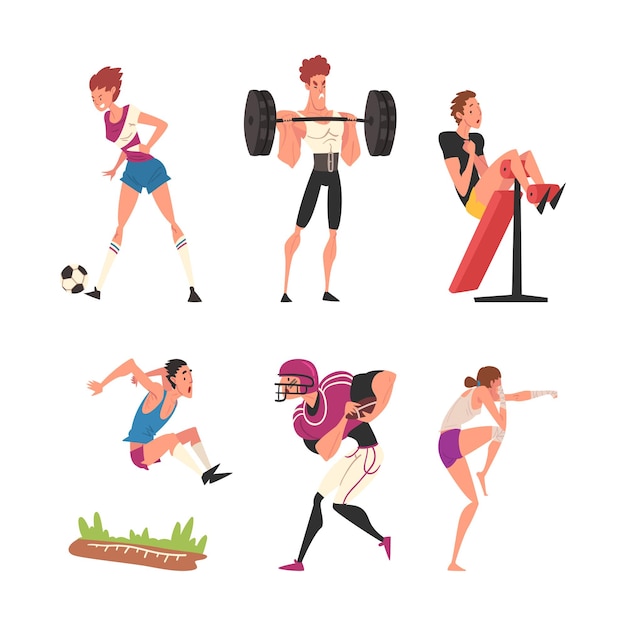 Conjunto de atletas profesionales practicando deportes. Personajes masculinos y femeninos boxeando, jugando al rugby, fútbol, levantando pesas, haciendo salto de longitud. Ilustración vectorial de dibujos animados
