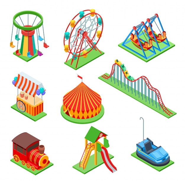 Vector conjunto de atracciones isométricas del parque de atracciones