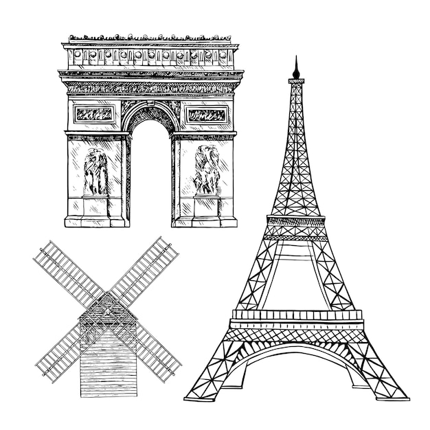 Un conjunto de atracciones parisinas Torre Eiffel Arco del Triunfo estrellas el molino Moulin de Galette