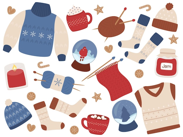 Conjunto de atributos acogedores de invierno y navidad colección de elementos para la temporada fría ilustración vectorial aislada sobre fondo blanco