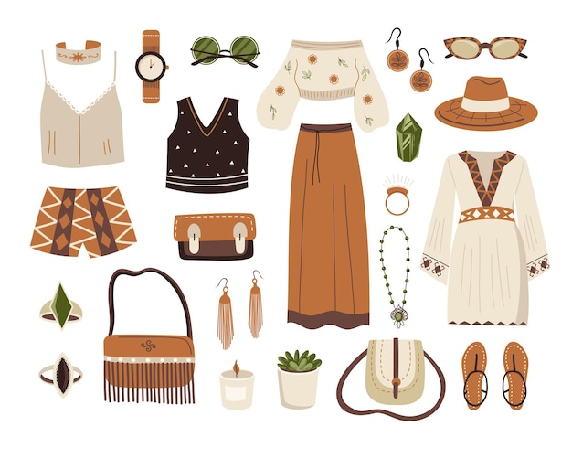 Vector conjunto de atuendo boho. look de moda de estilo bohemio. paquete de elemento diferente, gorro, bolsos, sandalias, gafas de sol, complementos, ropa con motivos étnicos