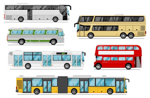 Conjunto de autobuses de pasajeros. Ciudad pública aislada, autocar, recorrido, iconos de transporte de autobús de dos pisos. Vehículos de autobuses con maleteros y fuelles. Transporte urbano de pasajeros y viaje