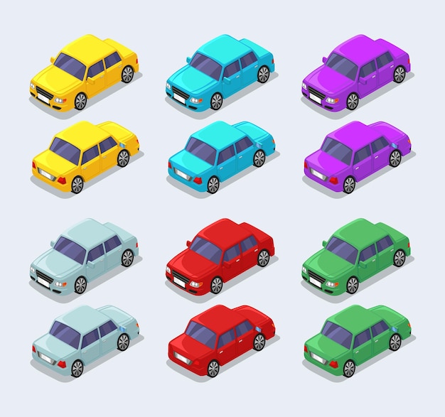 Conjunto de automóvil sedán isométrico con algunos colores amarillo cian púrpura gris rojo verde