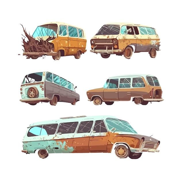 Conjunto de autos viejos rotos web Aislado en el fondo Ilustración de vector plano de dibujos animados