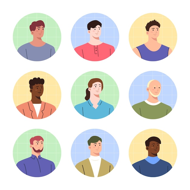 Conjunto de avatar de diferentes chicos jóvenes en diseño plano