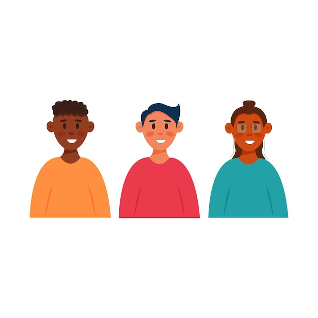 Conjunto de avatar de hombres jóvenes sonrientes en estilo de dibujos animados planos Vector lindos personajes masculinos Retrato de niños