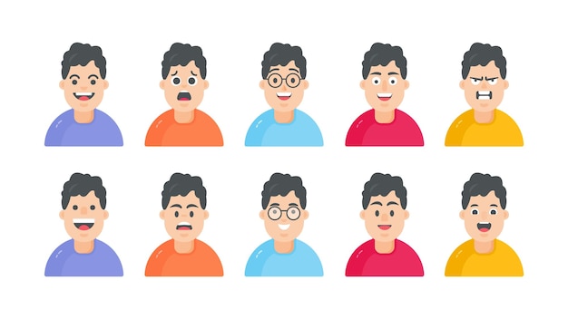 Conjunto de avatar masculino y cara de dibujos animados de niños pequeños con diferentes expresiones faciales