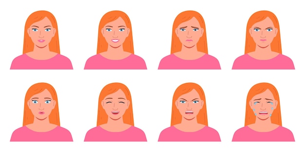 Conjunto de avatar de mujer jovenDiferentes emociones Ilustración de vector de dibujos animados