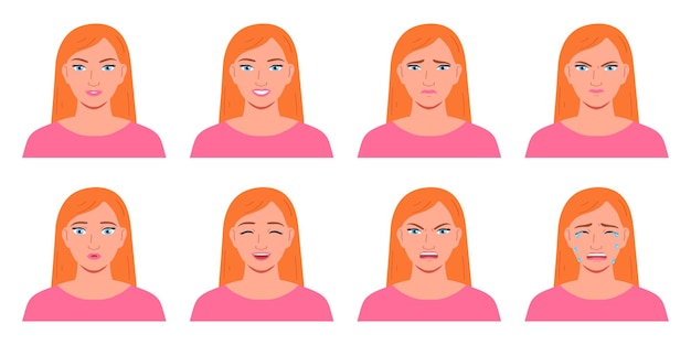 Conjunto de avatar de mujer jovendiferentes emociones ilustración de vector de dibujos animados