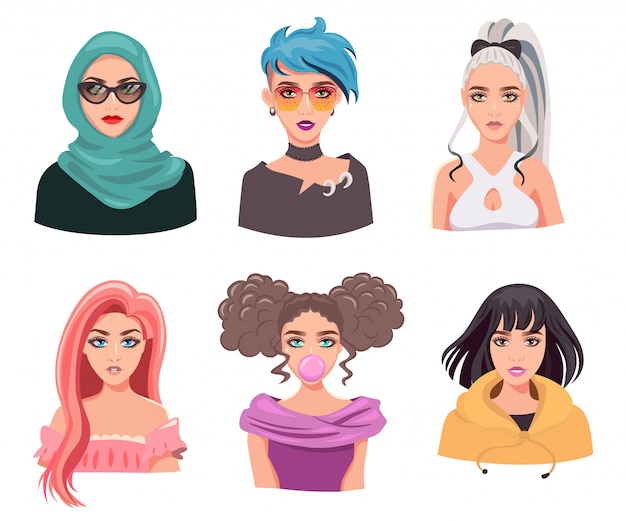 Conjunto de avatar de mujeres jóvenes, aislado en blanco. Colección de chicas con diferentes peinados. Paquete de retratos femeninos de dibujos animados, ilustración plana