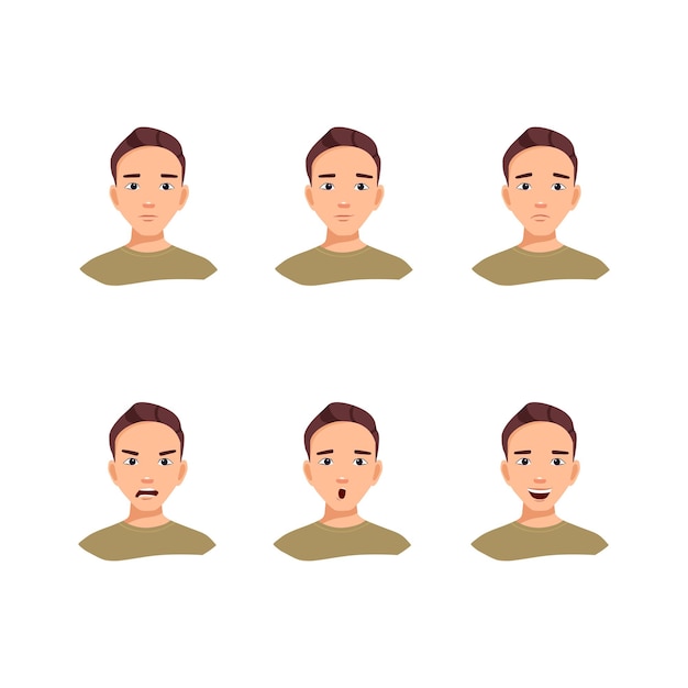Un conjunto de avatares de un chico joven con diferentes emociones ilustración vectorial