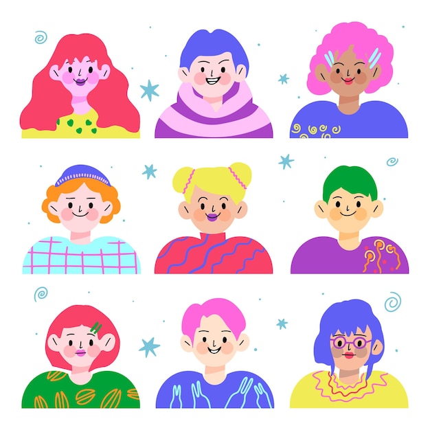 Conjunto de avatares de dibujos animados Personajes brillantes avatares divertidos
