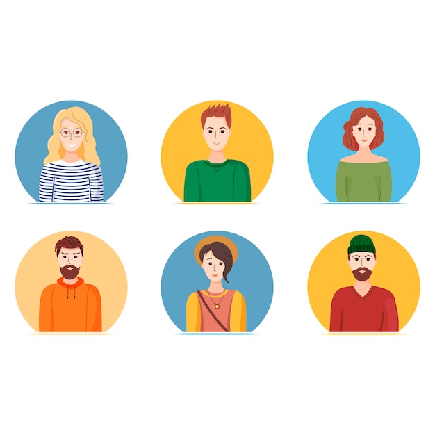 Conjunto de avatares. Diferentes chicos y chicas jóvenes están sonriendo. Ilustración vectorial sobre fondo blanco.