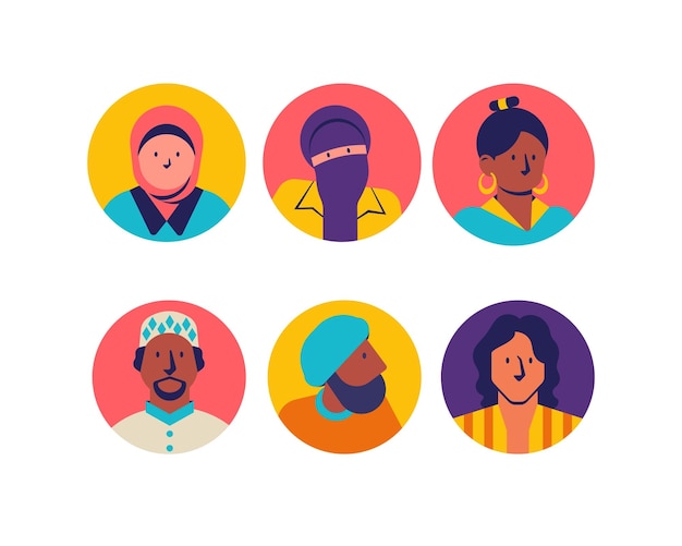 Conjunto de avatares de diferentes etnias Ilustración de vector plano