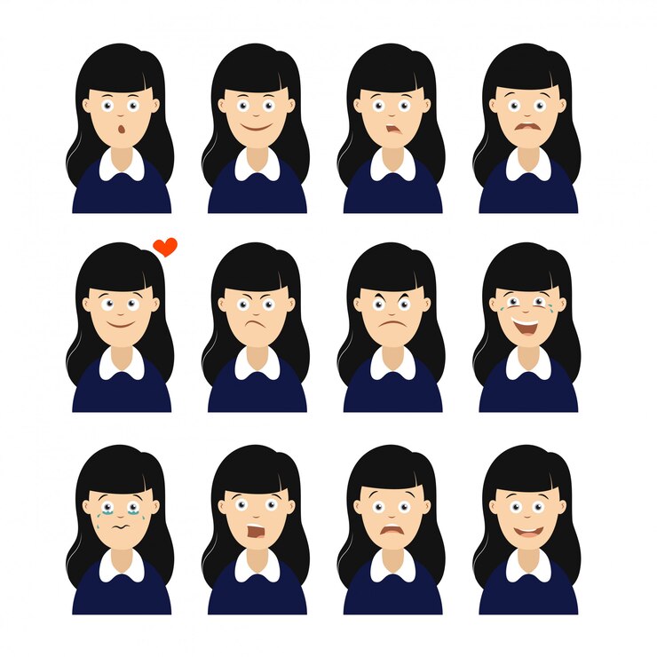 Conjunto de avatares con emociones. avatares de niña mostrando diferentes expresiones faciales.