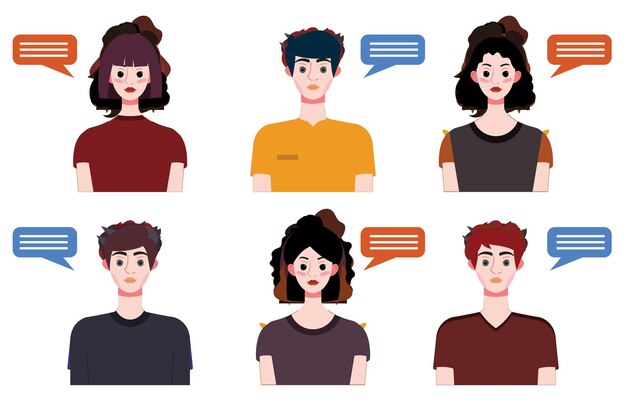 Conjunto de avatares de jóvenes con burbujas de habla Ilustración vectorial