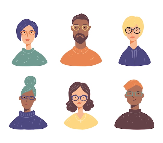 Conjunto de avatares de jóvenes con gafas