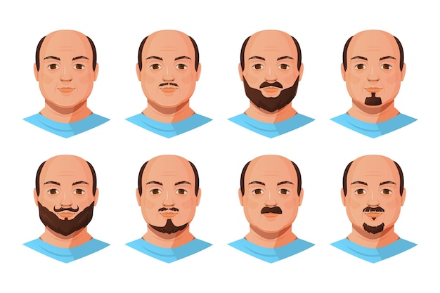 Conjunto de avatares masculinos calvos con variaciones de vello facial